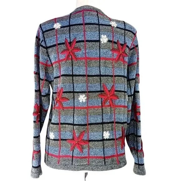 VINTAGE Knit Cardigan Hand Embroidered Holiday Snowflake Gray Red Size L - Picture 3 of 12